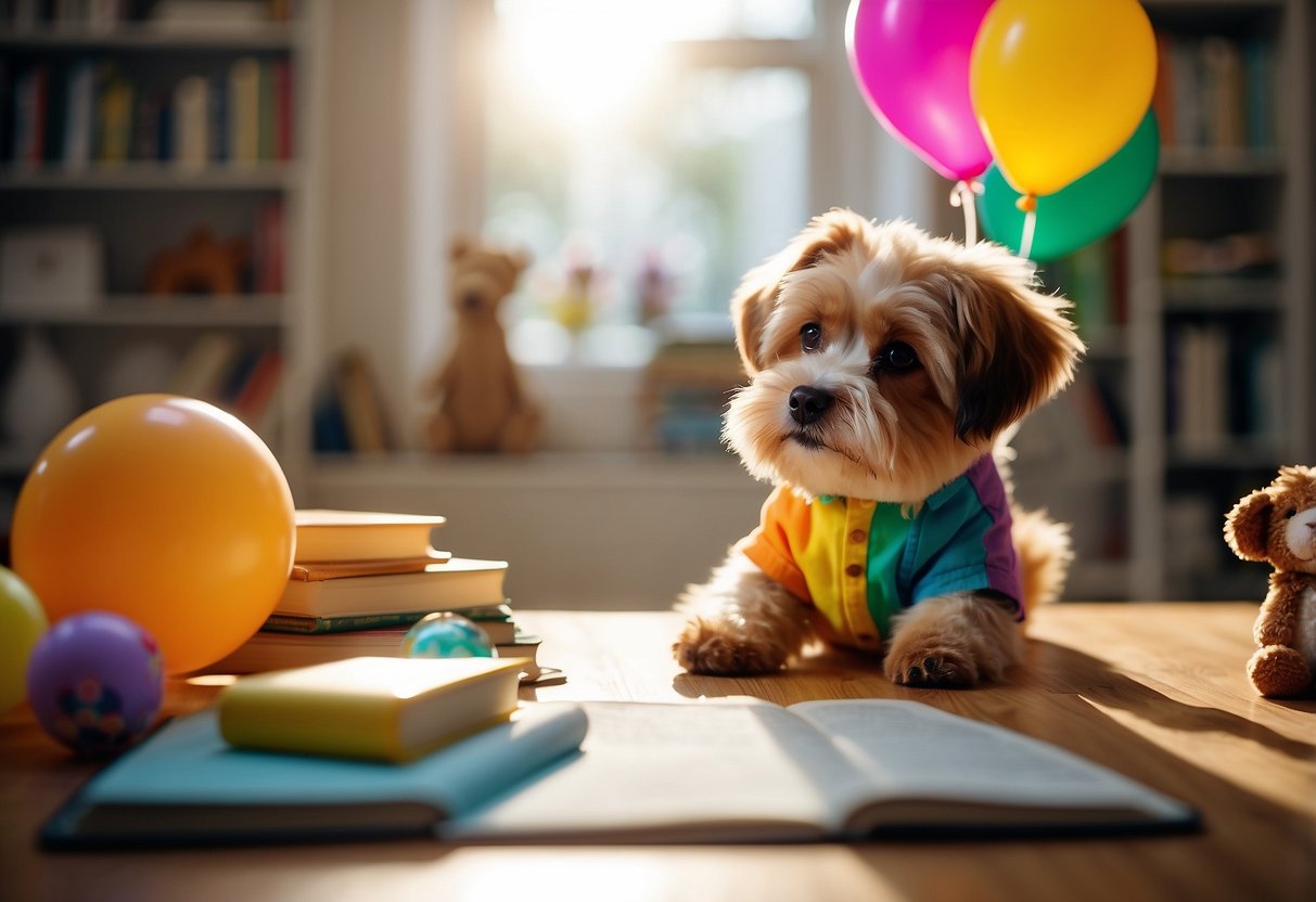 A colorful balloon bouquet floats in a sunlit room, surrounded by toys and books. A smiling pet rests nearby, as a journal with the words "Small Victories" sits on a table