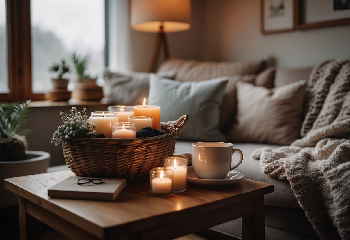 A cozy corner with soft cushions, dim lighting, calming scents, and gentle music. A basket of sensory toys, weighted blankets, and fidget tools. A journal for gratitude and a soothing tea station