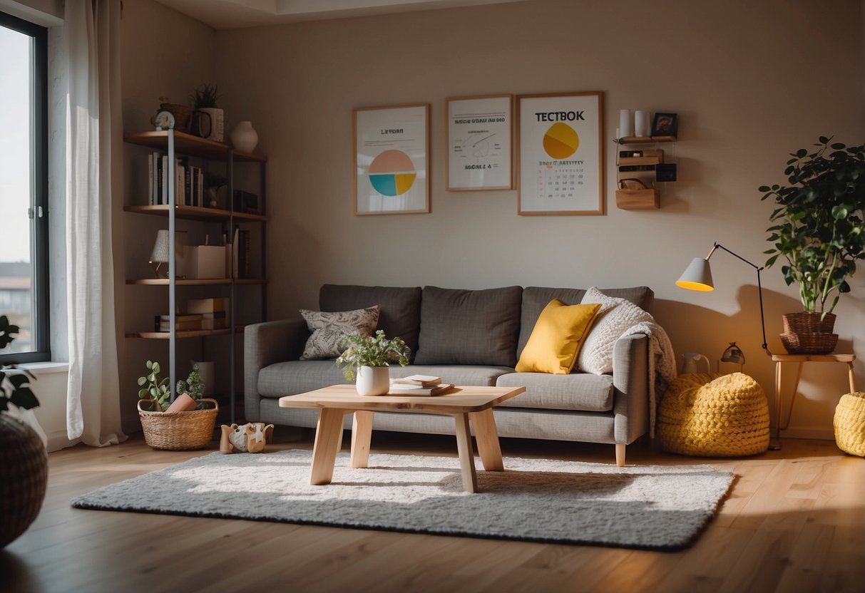 A cozy living room with a colorful visual schedule on the wall. Toys and books are neatly organized, creating a sense of order and calm. Sunlight streams in through the window, illuminating the space