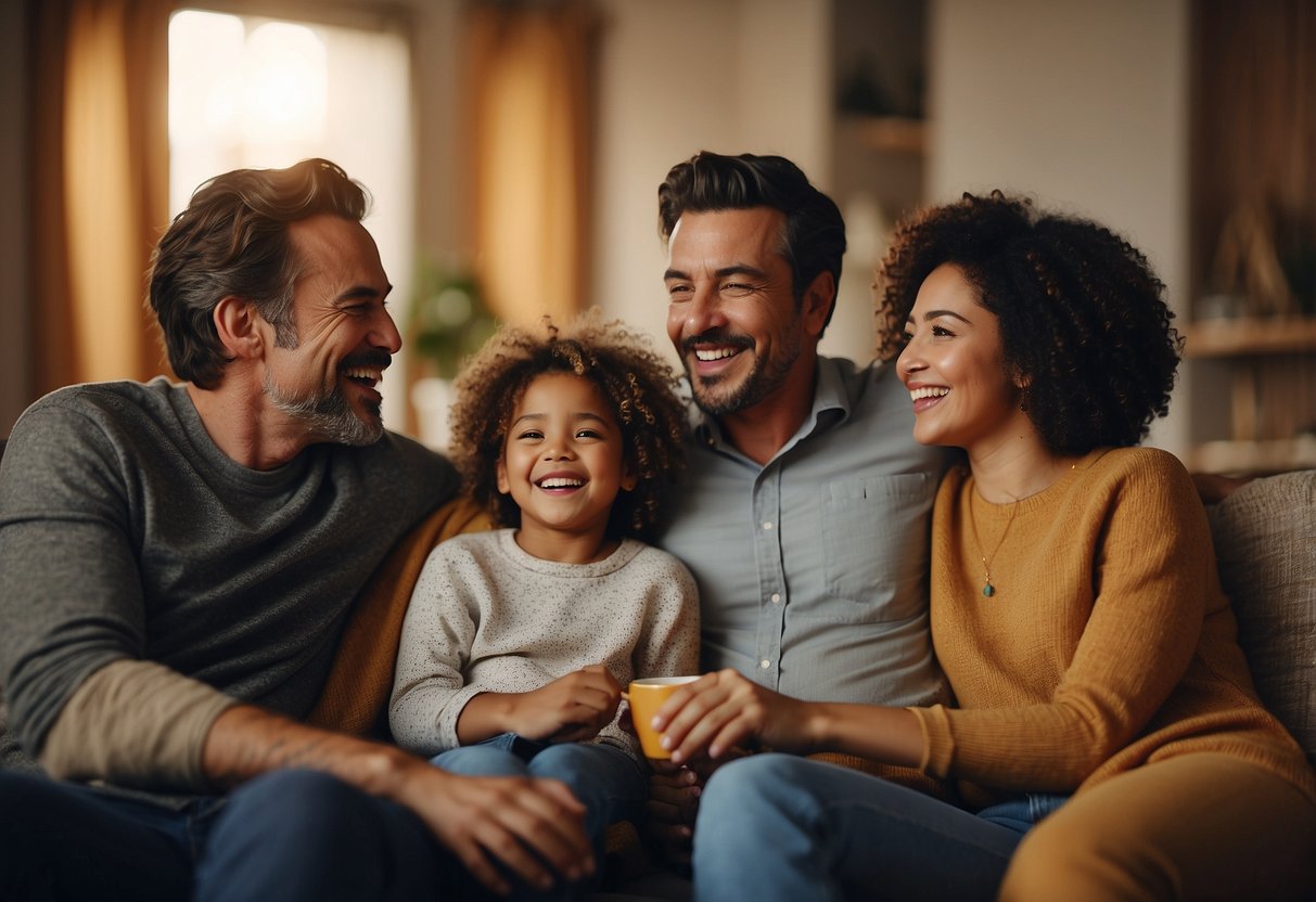 A diverse group of parents gather in a cozy room, sharing stories and laughter. A supportive atmosphere fills the air as they find joy in everyday moments