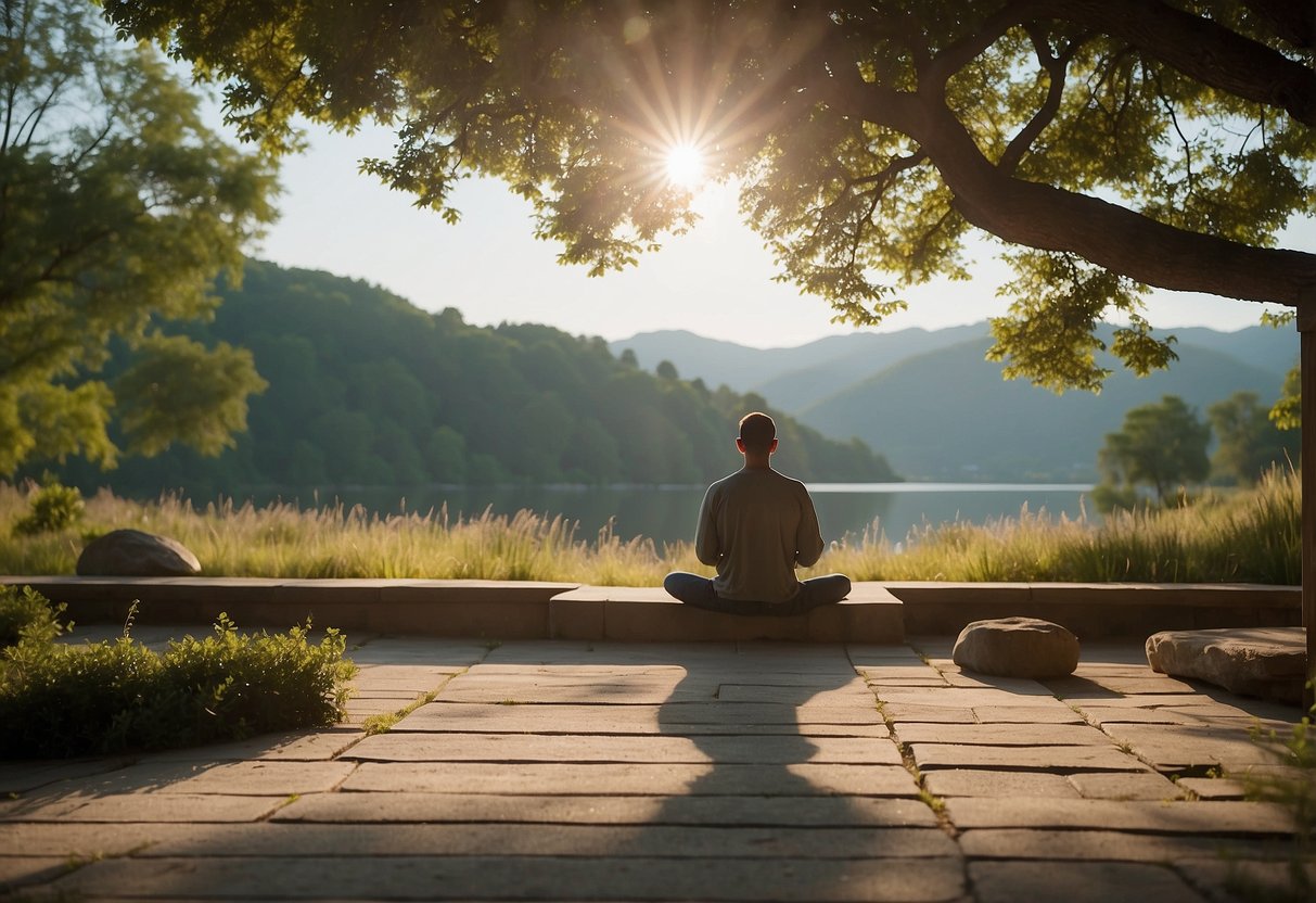 A serene setting with a calm atmosphere, featuring soft natural lighting and peaceful surroundings. A sense of tranquility and inner peace is conveyed through the scene, inviting the viewer to practice mindfulness and meditation