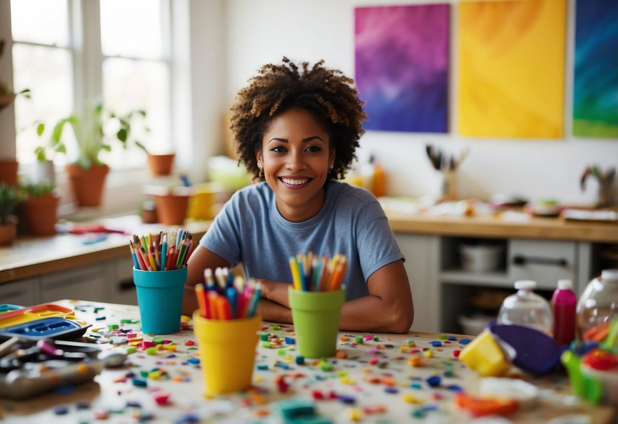 A parent sits at a kitchen table, surrounded by messy but colorful art supplies. A smile lights up their face as they create a joyful, chaotic masterpiece