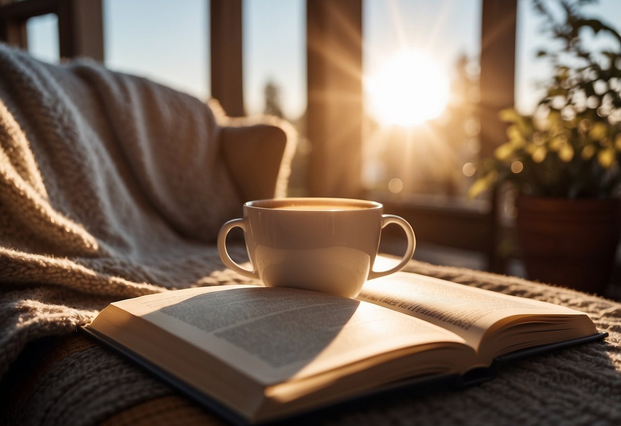 A cozy living room with a book open on a table, a warm cup of tea, and a soft blanket draped over a comfortable chair. Outside, the sun is shining, casting a gentle glow on the peaceful scene