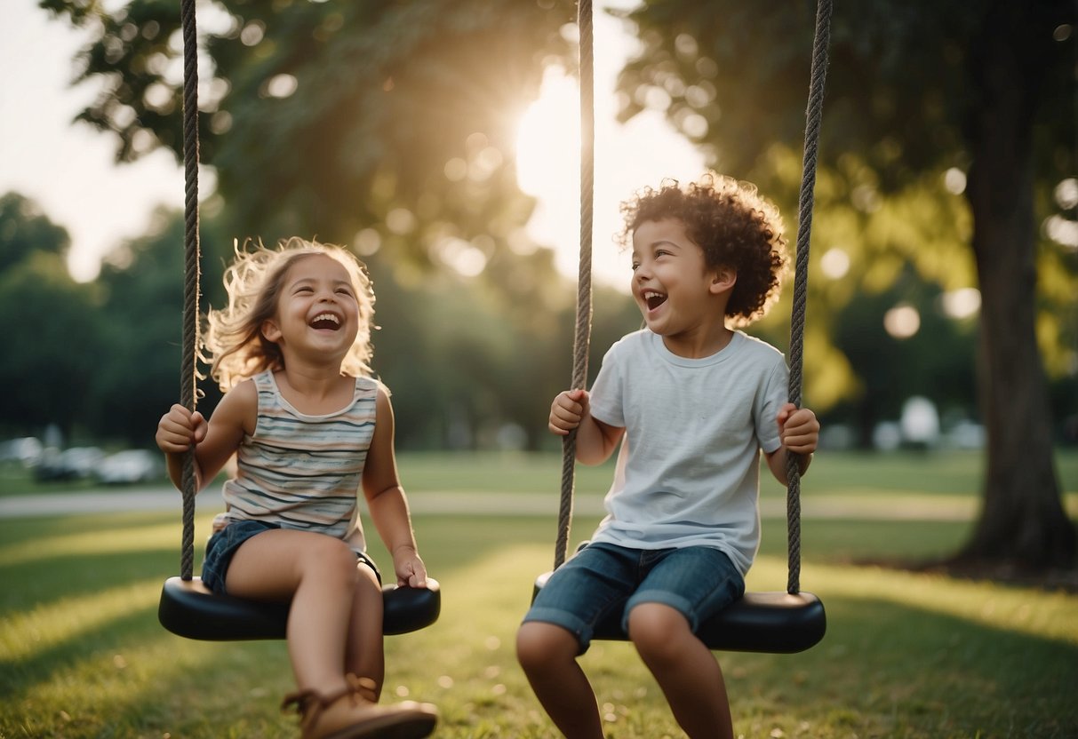 Siblings playing together in a park, laughing and running around. One pushes the other on a swing, while the other climbs a jungle gym. Joyful moments of connection and bonding