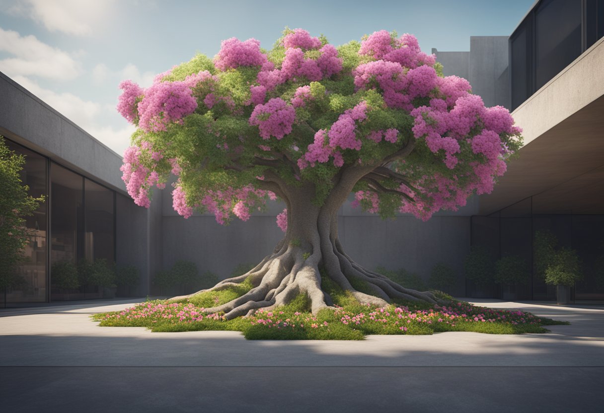 A tree with roots breaking through concrete, surrounded by vibrant flowers and greenery, symbolizing the concept of mindset