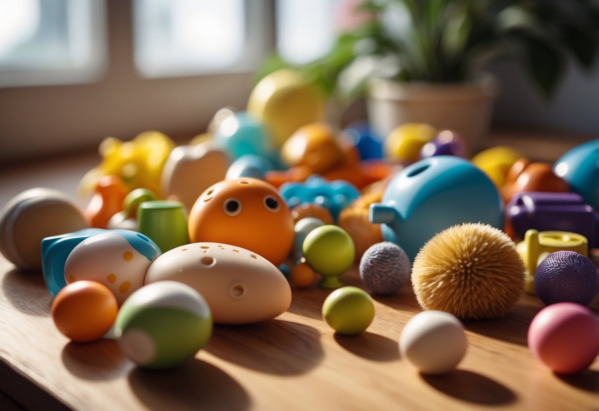 A colorful array of toys and sensory objects scattered on a soft, inviting surface, with natural light streaming in through a window, creating a warm and comforting atmosphere