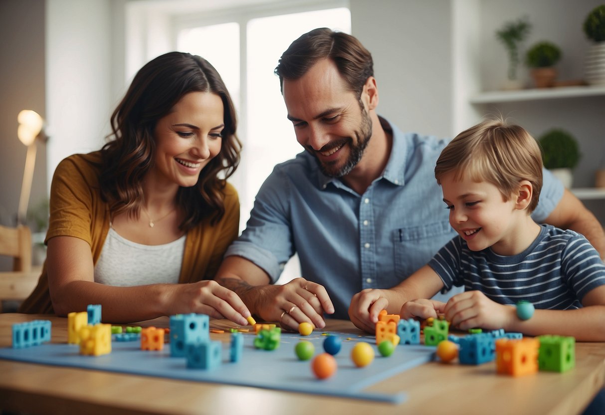 A family sitting around a table, engaging in various activities. One child is drawing, another is playing with sensory toys. The parents are smiling and interacting with their children, creating a warm and loving atmosphere