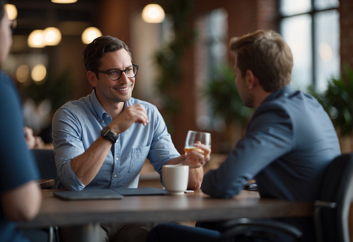 A person sitting across from a professional, engaged in conversation. A calm and supportive environment with a focus on listening and understanding