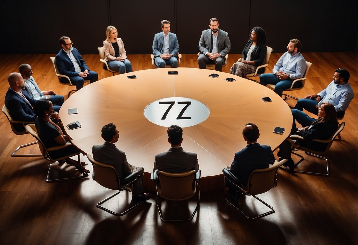 A circle of diverse individuals sit in chairs, facing a speaker at the front of the room. A poster on the wall lists "7 Tips for Seeking Professional Help for Emotional Challenges."