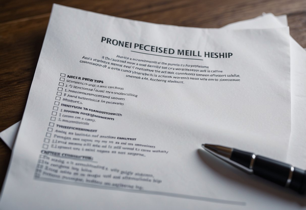 A blank sheet of paper with a pen and a list of concerns written on it, surrounded by seven tips for seeking professional help