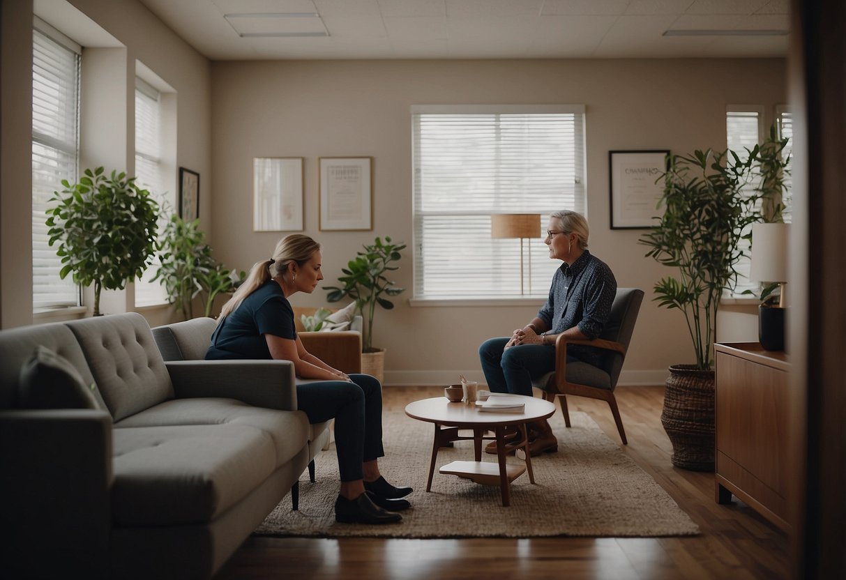 A person sitting in a therapist's office, surrounded by calming decor. The therapist listens attentively as the person shares their emotional struggles