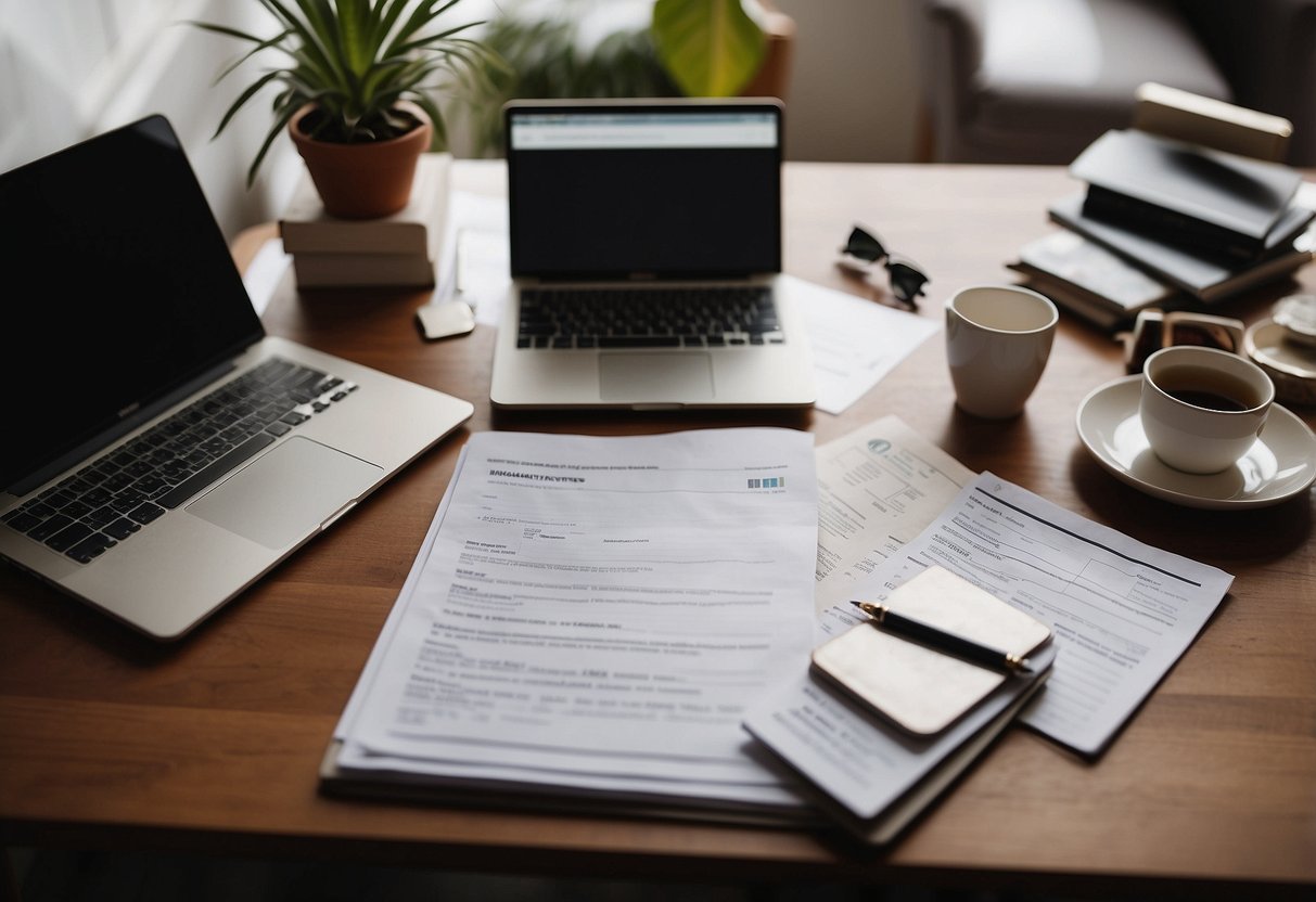 A parent sits at a desk surrounded by financial documents, a laptop, and a notepad. They are researching and taking notes on financial planning tips for their special needs child