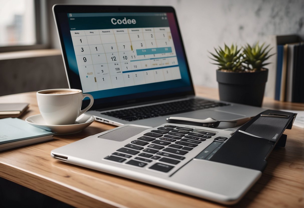 A desk with a laptop, financial documents, and a cup of coffee. A calendar with important dates circled. A bookshelf with resources on financial planning and special needs