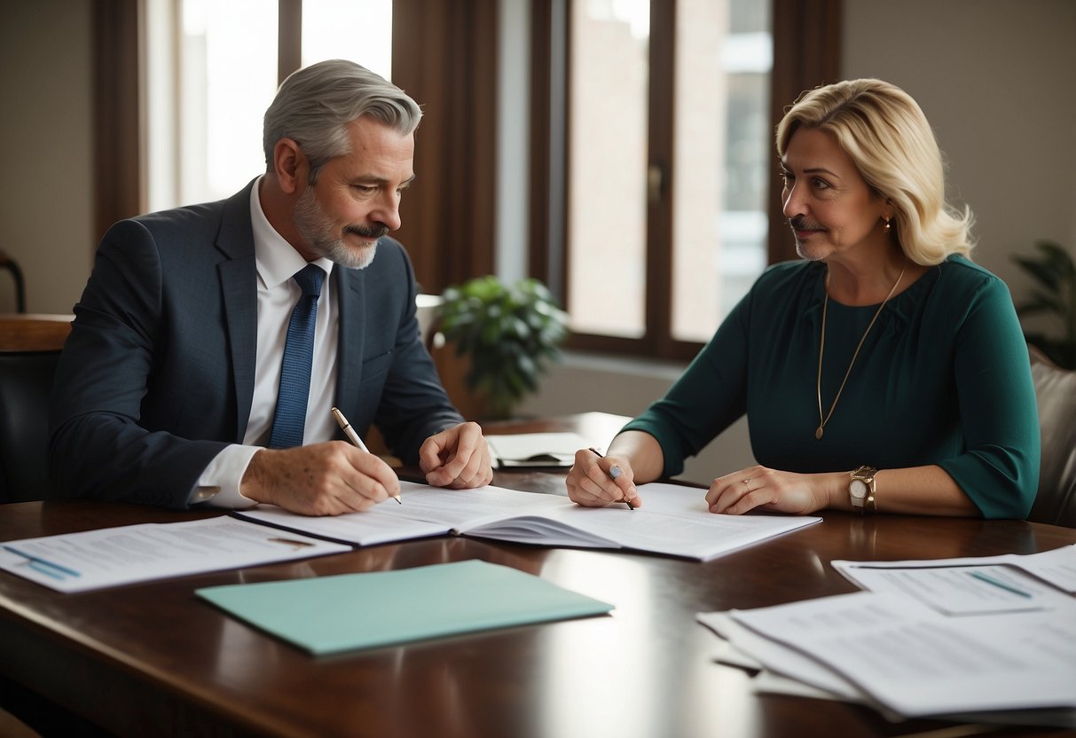 A parent consults with a lawyer, discussing guardianship and financial planning for their special needs child. Papers and a pen are on the table