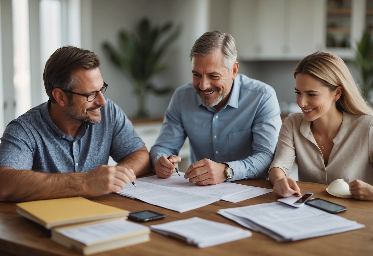 A family sits around a table, discussing financial planning for their special needs child. Papers and calculators are spread out, showing careful consideration and organization