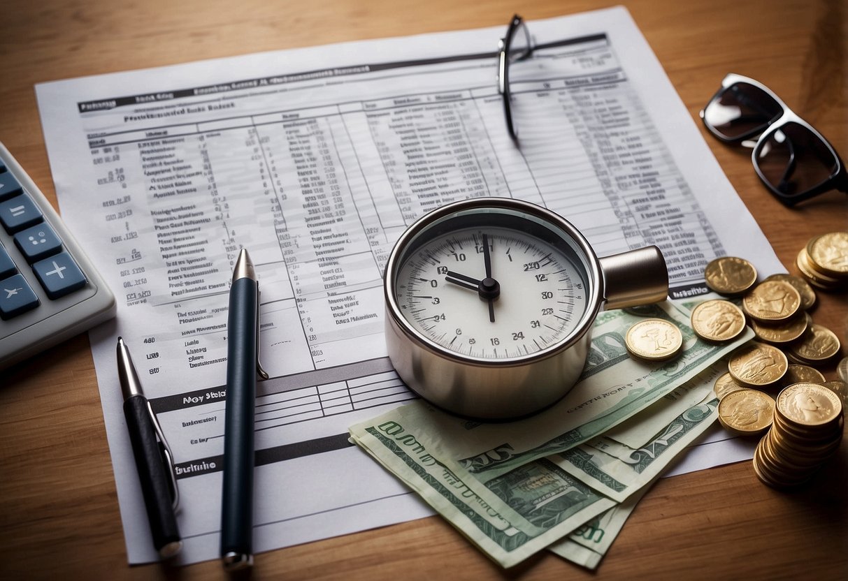 A family budget spreadsheet with categories for medical expenses, surrounded by piggy banks and financial planning books