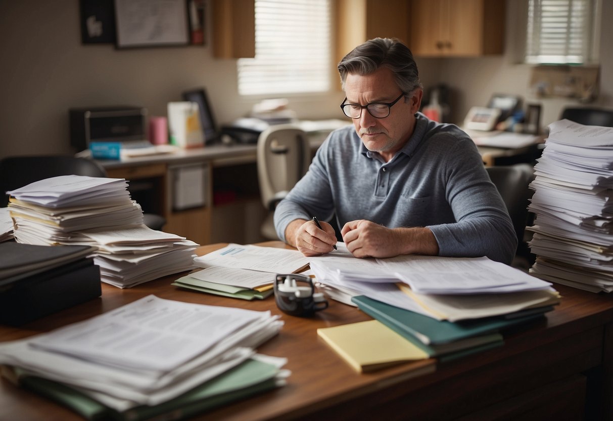 A parent sits at a desk, surrounded by paperwork and financial documents. They are researching and comparing different educational options for their special needs child, with a determined and focused expression on their face