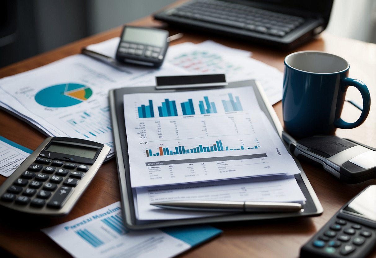 A desk with a computer displaying medical cost management strategies. Files, charts, and a calculator are scattered around, emphasizing organization and financial planning