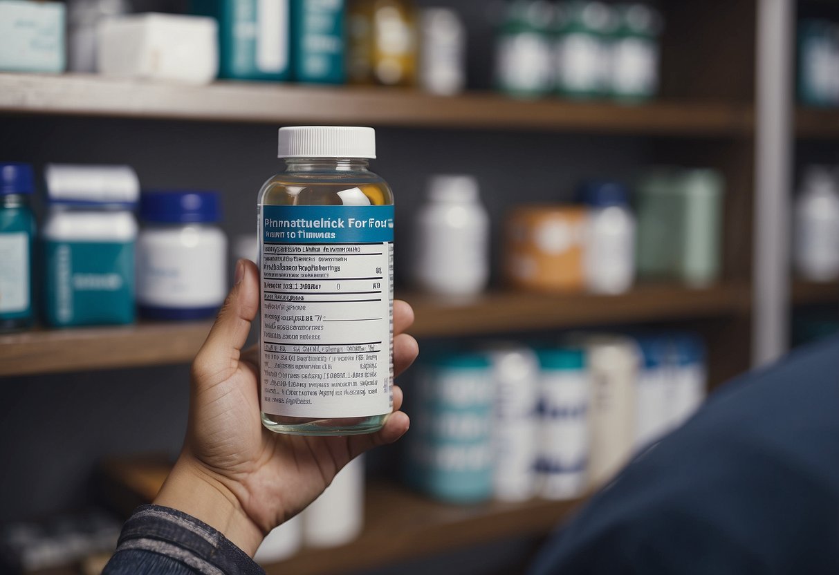 A person reaching for a bottle of generic medication on a shelf, with a list of 7 cost-saving strategies for ongoing medical care in the background