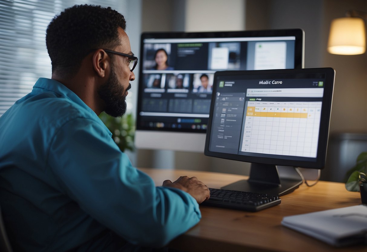 A person sitting at a computer, engaging in a video call with a healthcare provider. A calendar and bills are visible, highlighting the financial aspect of ongoing medical care