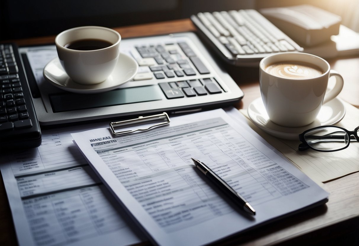 A desk with a laptop open to a budget spreadsheet, surrounded by medical bills, insurance paperwork, and a calculator. A pen and notepad sit nearby, along with a cup of coffee
