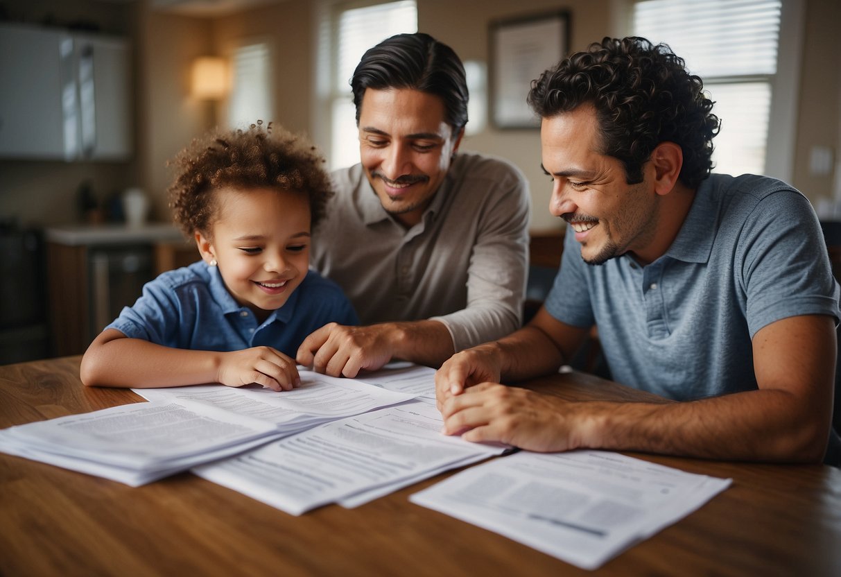 A family sits at a table surrounded by paperwork and financial documents. They are researching and discussing resources for financial assistance with special needs expenses