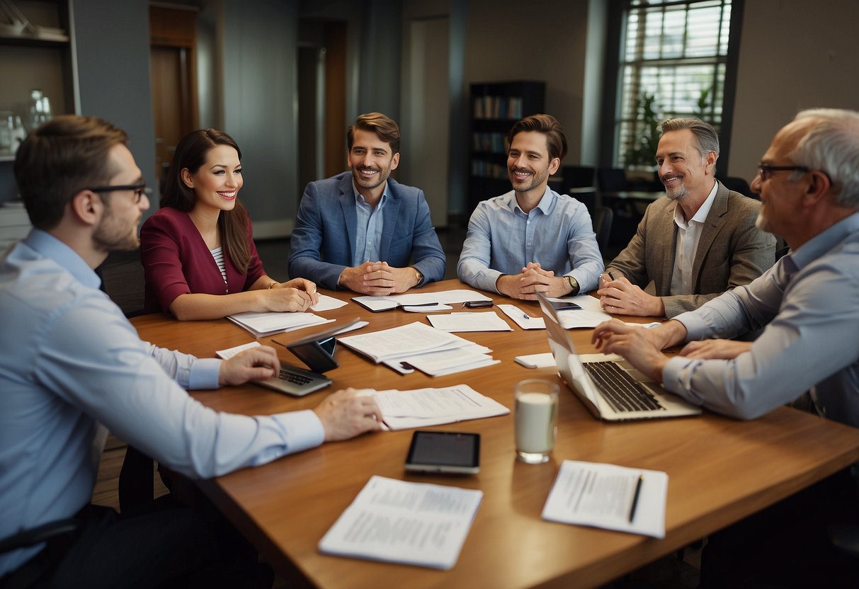 A diverse group of individuals gather around a table, discussing financial assistance resources for special needs expenses. Documents and laptops are scattered across the table, indicating research and collaboration