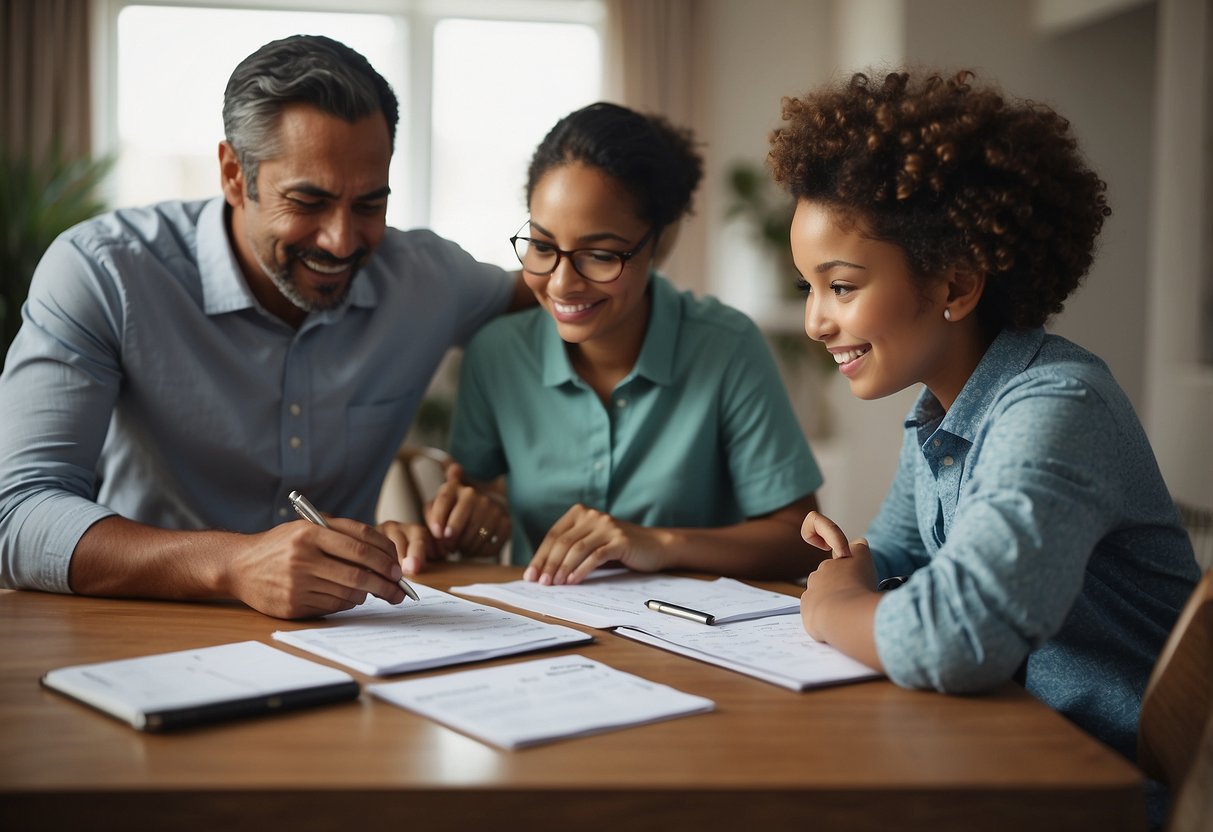 A family budgeting together at a table, with a calendar, calculator, and notepad. Specialized equipment and therapy costs are listed on a separate sheet