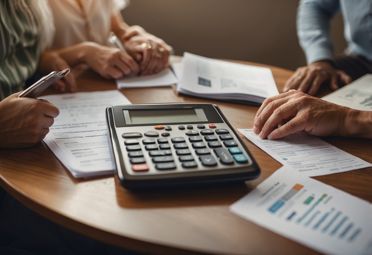 A family sits around a table, reviewing budgeting tips for special needs therapy. Discount program flyers and financial documents are spread out