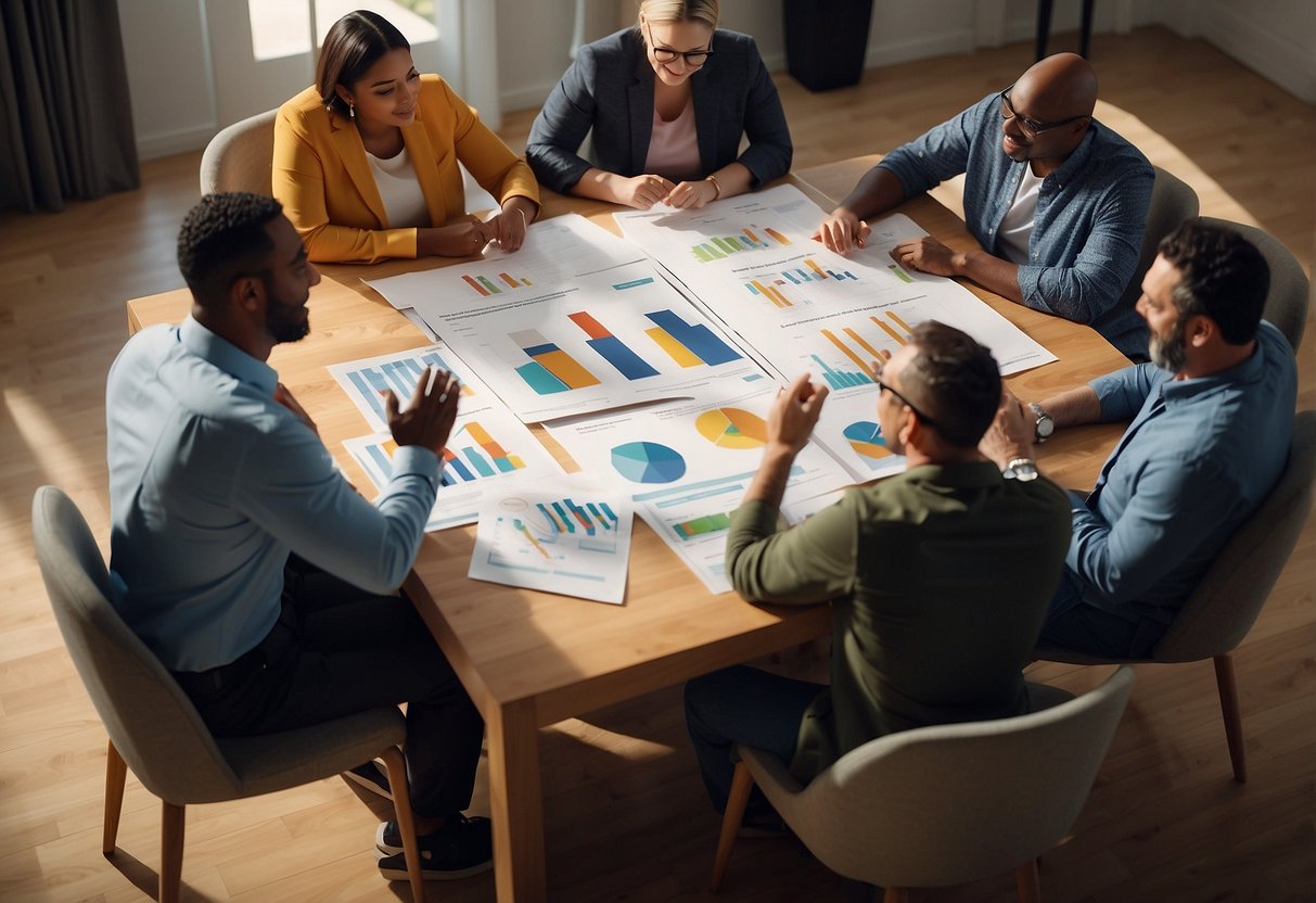 A diverse group of people gather around a table, exchanging ideas and resources. Charts and graphs are displayed, illustrating budgeting tips for special needs families