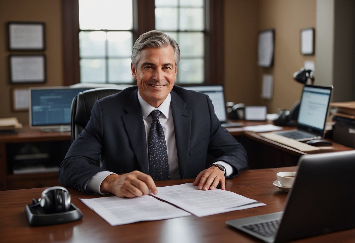 A lawyer sitting at a desk, organizing legal documents and financial statements. A computer screen displays "Special Needs Trust" with a checklist next to it