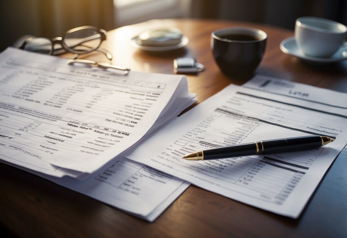 A table with legal documents, financial statements, and a checklist. A computer showing trust fund options. A calendar with important dates