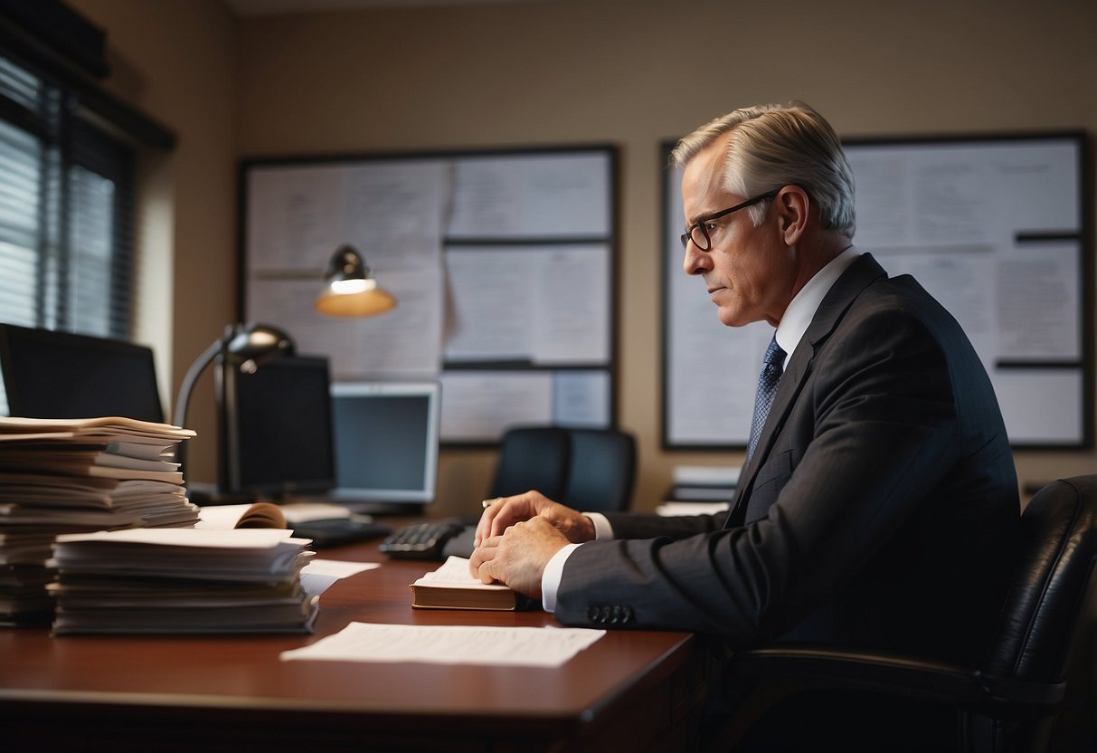 A lawyer sits at a desk, drafting legal documents. A stack of papers, a computer, and a book on special needs trusts are visible. A checklist of 10 steps is pinned to the wall