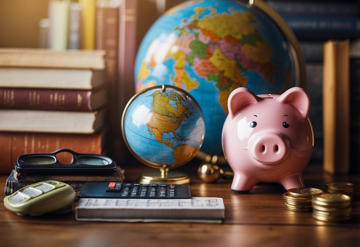 A child's piggy bank surrounded by books, a calculator, a globe, and a growth chart, with a roadmap and a graduation cap in the background