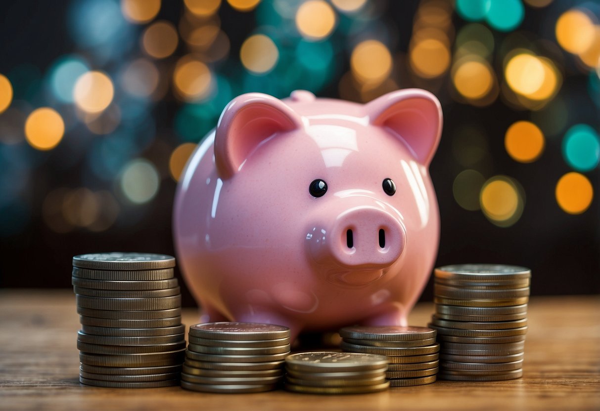 A piggy bank surrounded by colorful piggy banks, a stack of coins, a money tree, and a chart showing different ways to save for a child's future