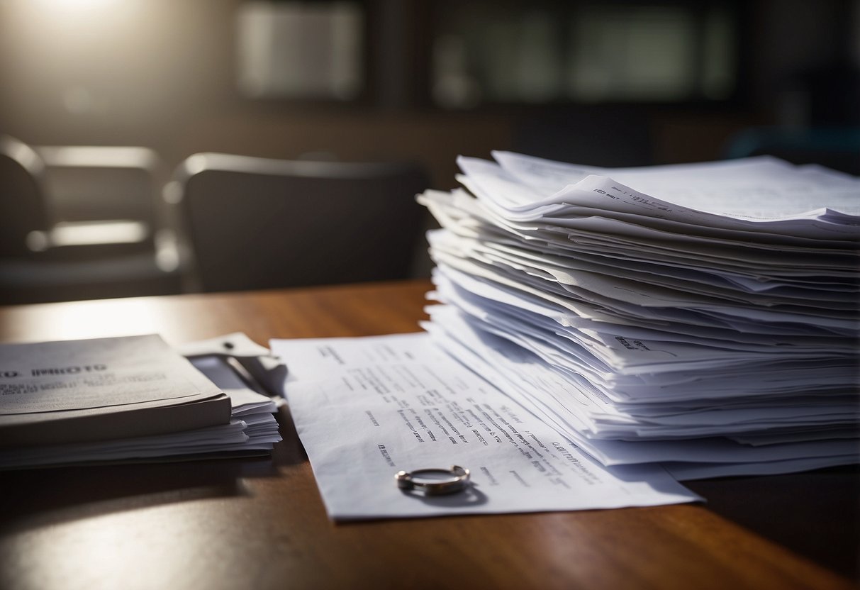 A pile of unpaid bills and financial documents scattered on a table, with a neglected folder labeled "Special Needs Trust" in the background