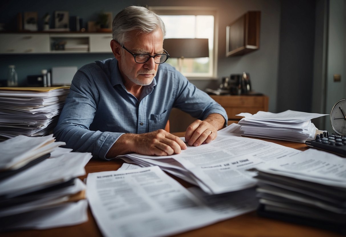 A worried parent overlooks future expenses, surrounded by paperwork and financial documents