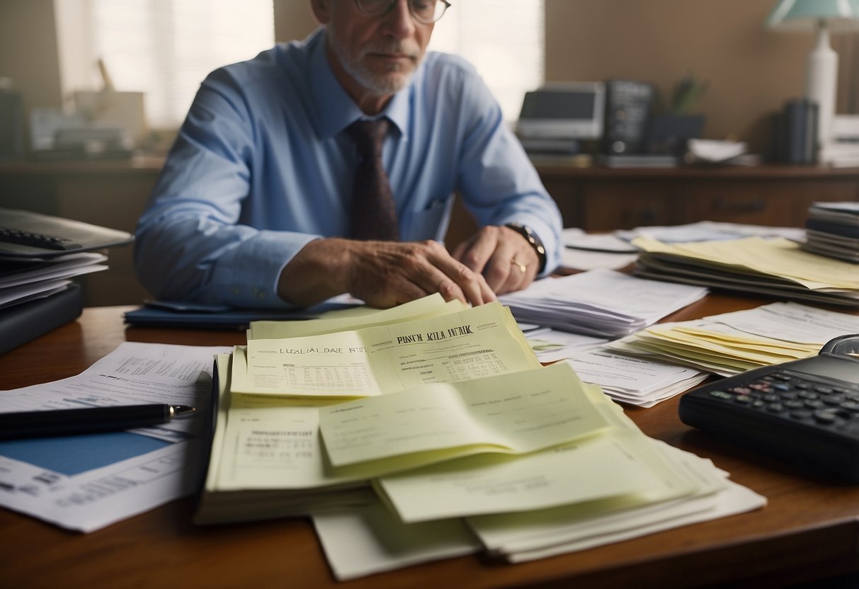 A cluttered desk with scattered papers, bills, and legal documents. A calendar with important dates circled. A worried expression on a parent's face