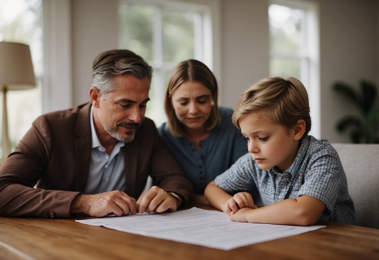 A family sits at a table with financial documents spread out. They appear stressed and overwhelmed as they try to navigate the complexities of financial planning for their special needs child