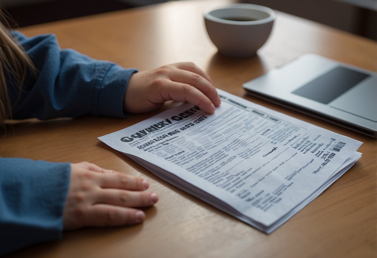 A child's hand reaches for a government benefits pamphlet on a table, surrounded by documents, a computer, and a phone