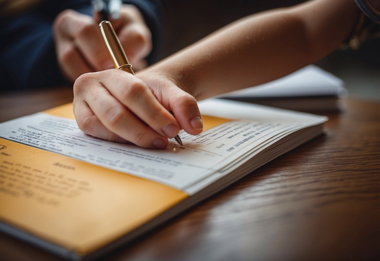 A child's hand reaching for a booklet titled "CHIP 8 Strategies for Accessing Government Benefits" on a table with a pen and paper