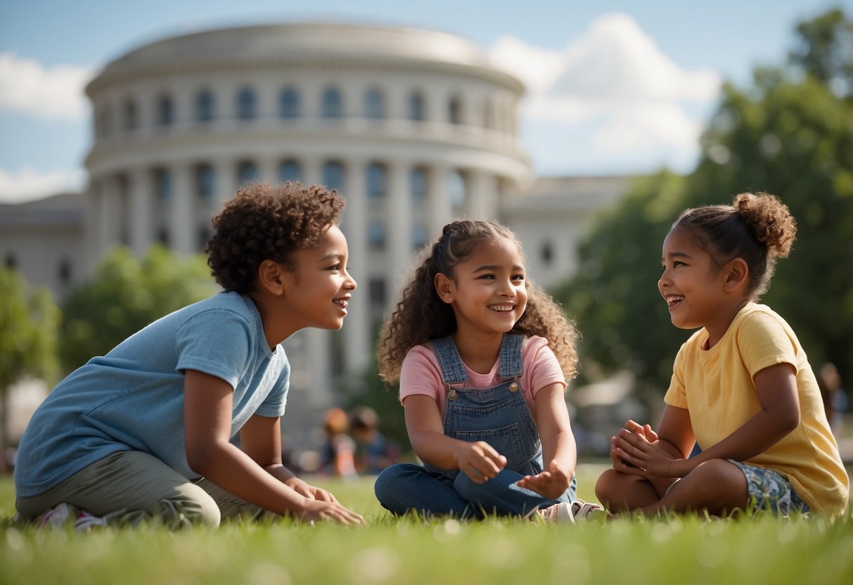 A diverse group of children engage in educational activities with supportive adults, while a government building looms in the background