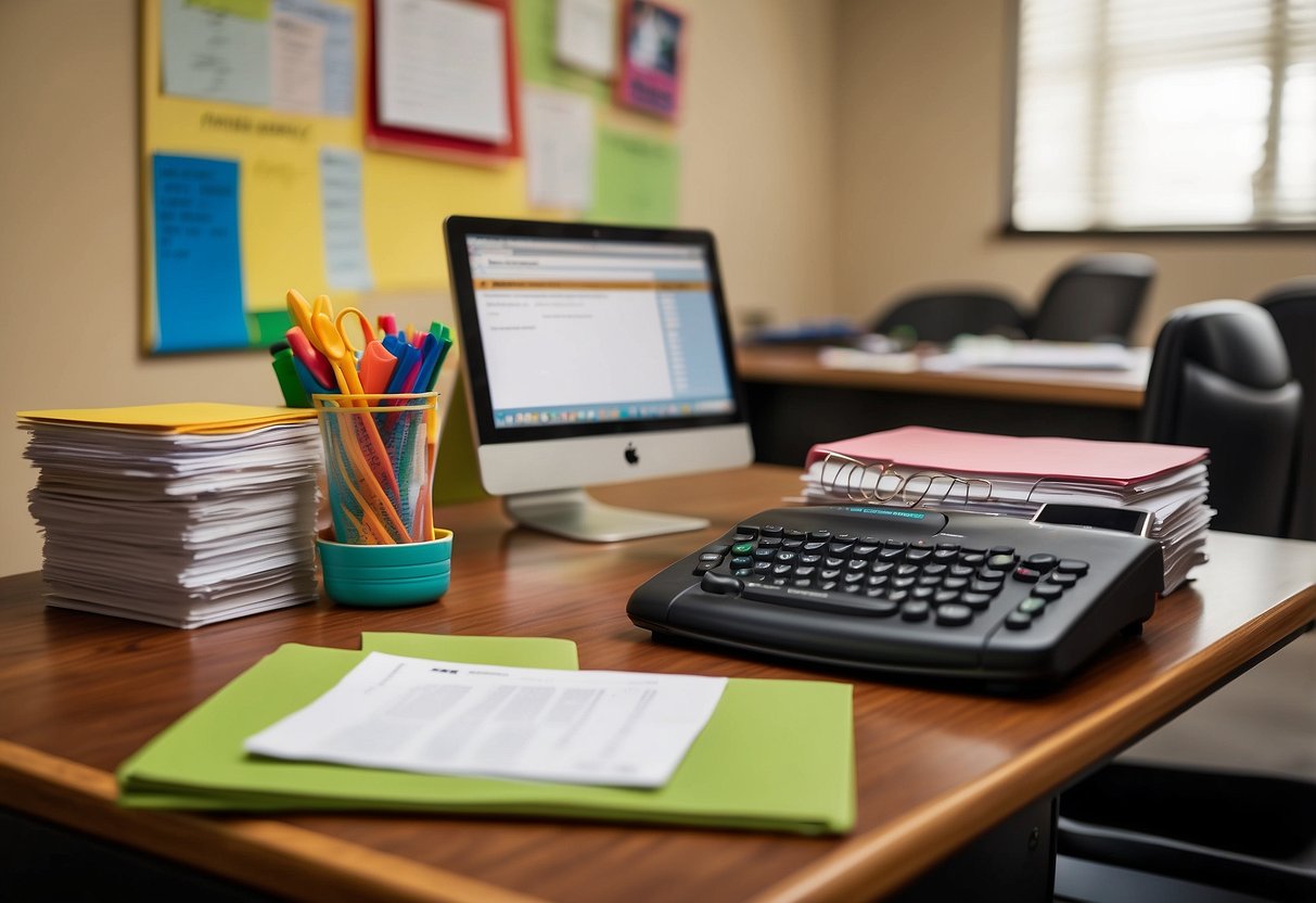 A child's desk with a stack of paperwork, a computer, and a phone. A calendar on the wall shows upcoming appointments. A folder labeled "Special Education Services" sits on the desk