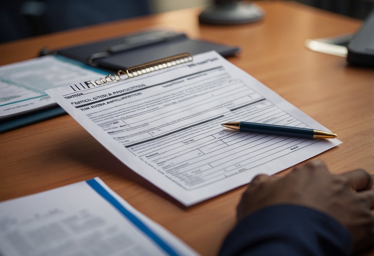 A person fills out TANF application form at a government office counter. Papers and pens are scattered on the desk