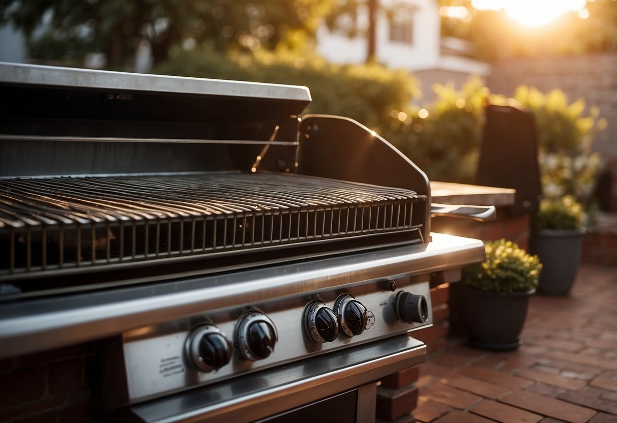 A clean grill sits on a patio, surrounded by cleaning supplies and tools. The sun is setting, casting a warm glow on the scene