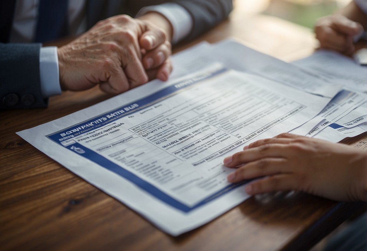 A child's hand reaching out to receive government benefits paperwork from a government official. A parent stands nearby, looking over the forms