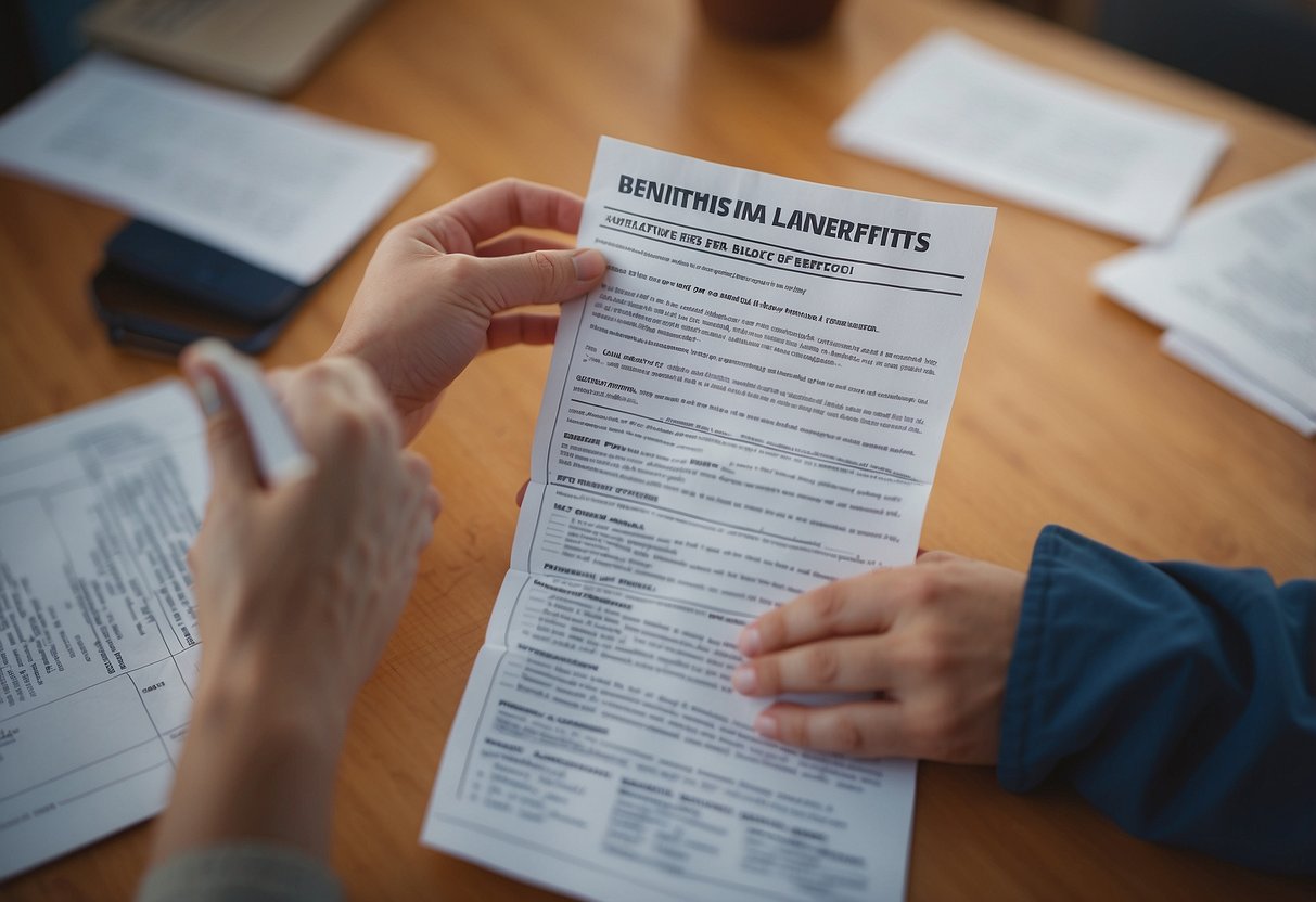 A child's hand reaches out to a government benefits pamphlet on a desk, while a social worker offers guidance. Files and forms are scattered around