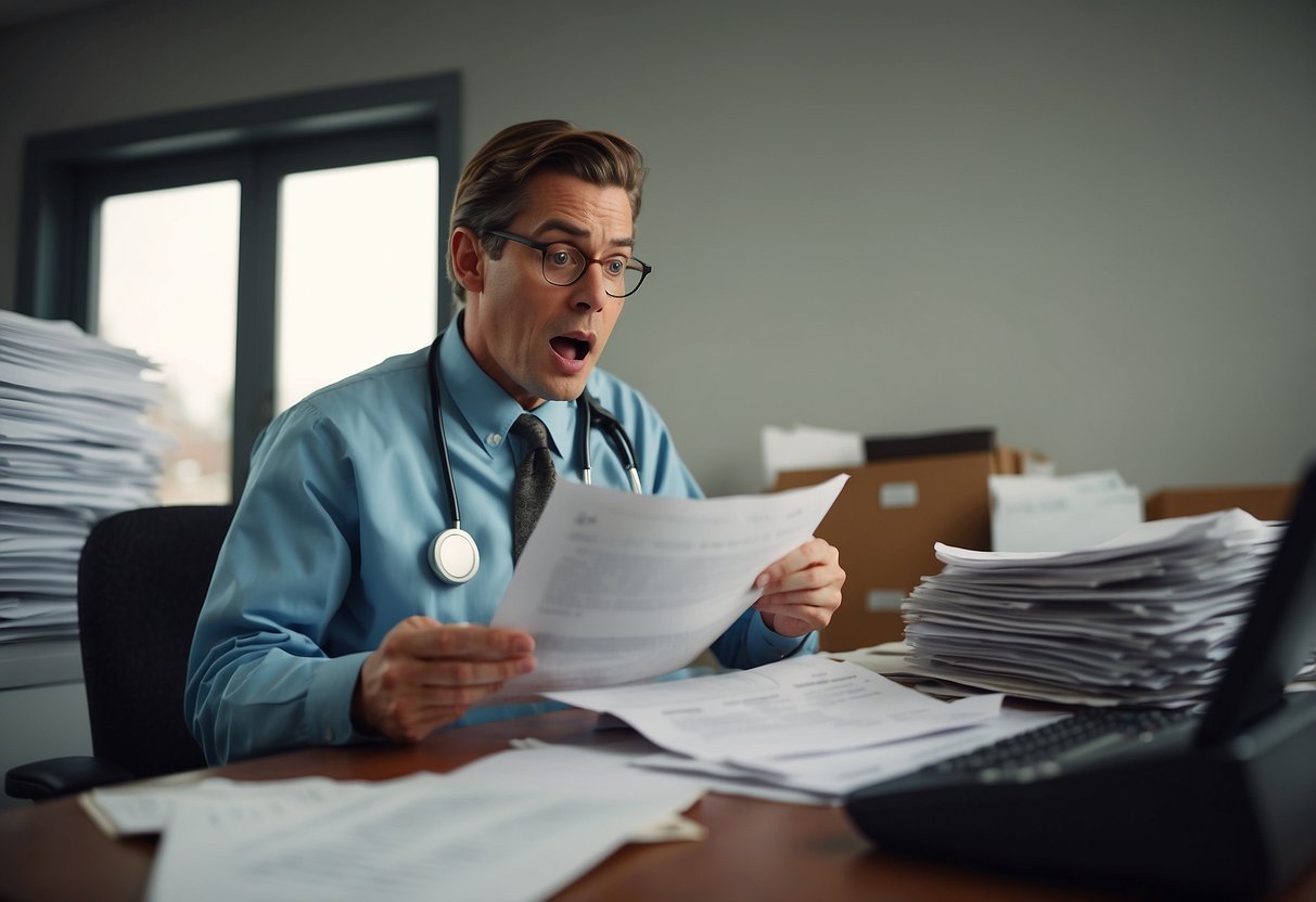 A person receiving a large medical bill in the mail, looking shocked and overwhelmed. They are surrounded by paperwork, calculator, and a worried expression