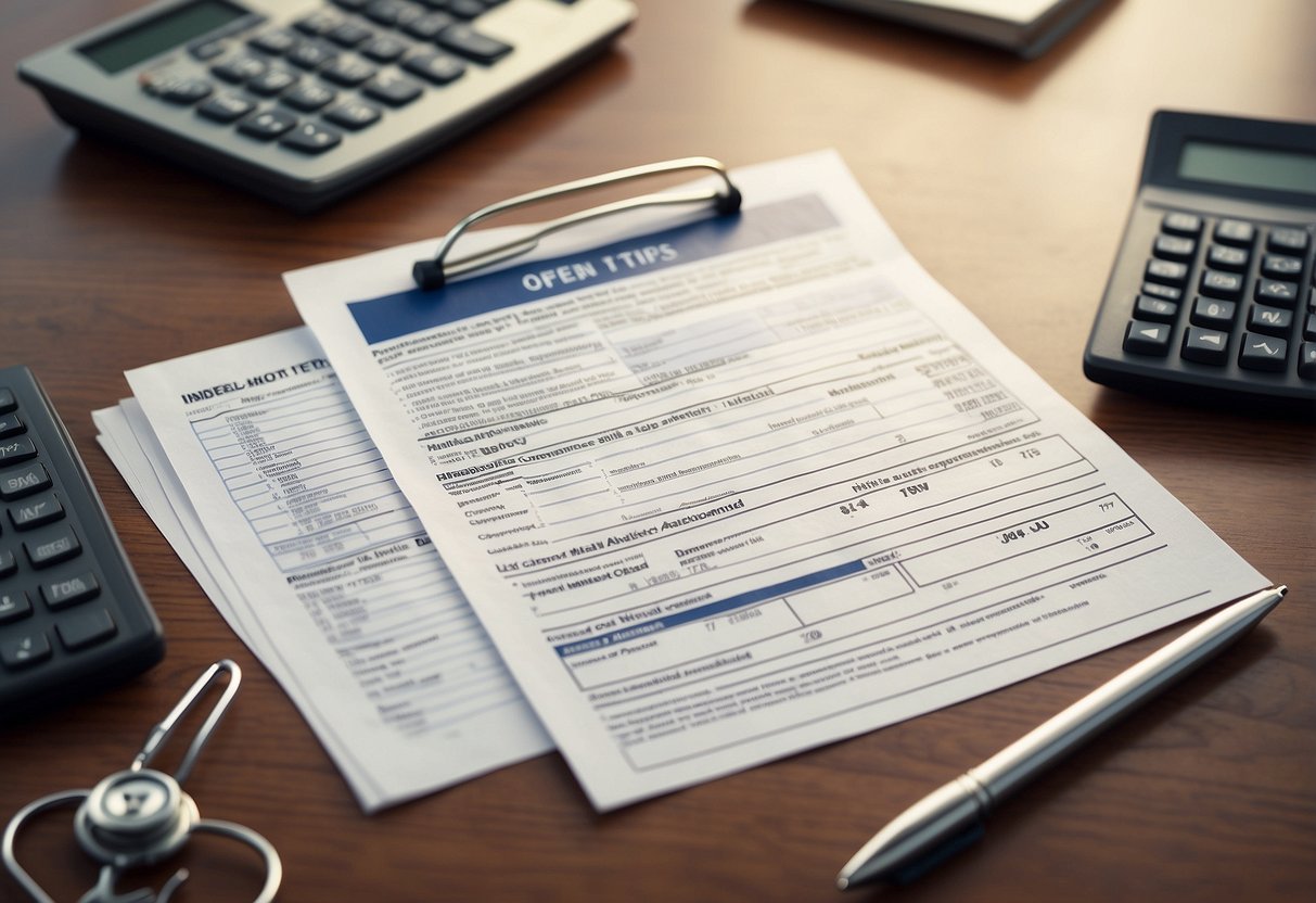 A desk with open insurance policies, a calculator, and a list of 10 tips. A stack of medical bills and a worried expression are not included