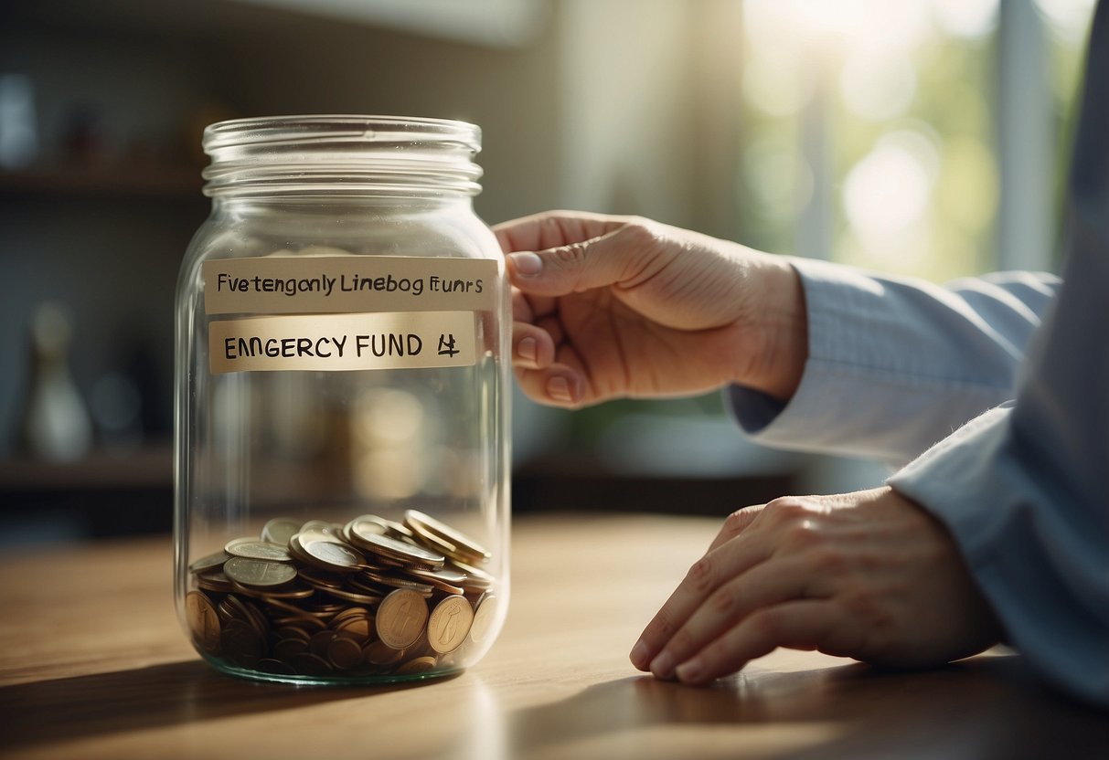 A person reaching for a labeled jar of "Emergency Funds" with 10 tips for managing unexpected medical expenses written on it